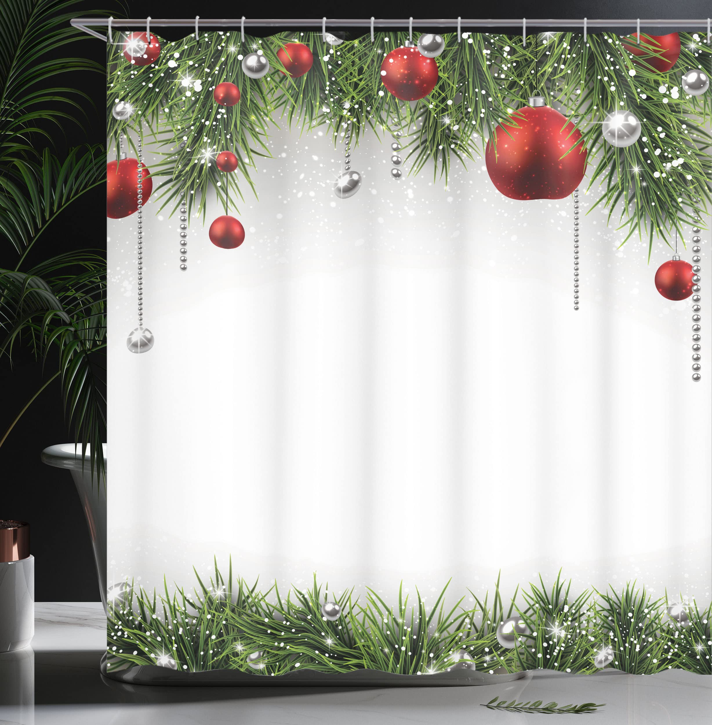 Ambesonne Christmas Shower Curtain, Classical Christmas Ornaments And Baubles Coniferous Pine Tree Twig Tinsel Print, Cloth Fabr